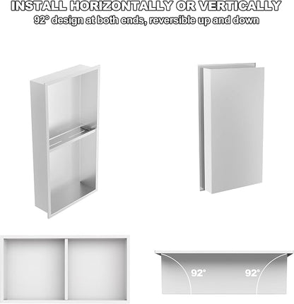 Real 304 Stainless Steel Shower Niche 12x24in-92° Quick Drain-No Tile Needed-2 Tier-Matte Recessed Wall Niche-Insert Shower Shelf-Built in Cabinet for Bathroom/Kitchen/Living Room/Study Storage