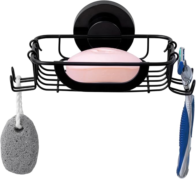 Soap Dish Bar Soap Holder Suction Cup with 4 Hooks, Stainless Steel Soap Saver Tray for Shower Wall, Bathroom, Kitchen, Rustproof Drill-Free Soap Bar Holder, Black