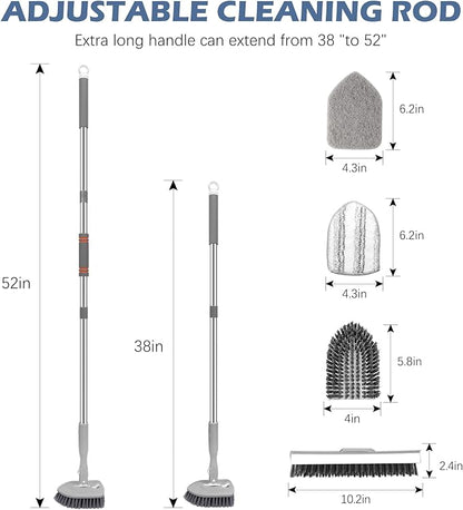 SetSail 4-in-1 Tile Tub Floor Scrubber with 52-inch Long Adjustable Handle Shower Cleaner Brush with V-Shaped Grout Brush and 3 Replacement Brush Heads for Bathroom Kitchen Sink Walls Tub Tile, Grey