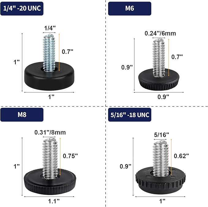M8 Thread Levelers, 12 PCS Adjustable Furniture Feet, Screw in Leveling Feet for Table, Cabinets, Chairs, Stool Legs