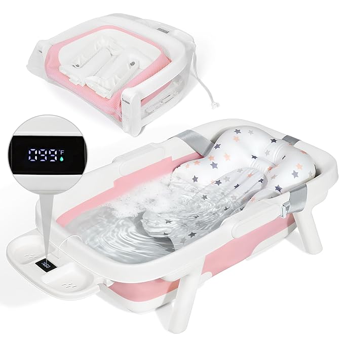 Orzbow Collapsible Baby Bathtub, Large Baby Bath Tub for Newborn with Soft Cushion & Thermometer, Travel Portable Baby Tubs for Infants to Toddler 0-36 Months, Pink