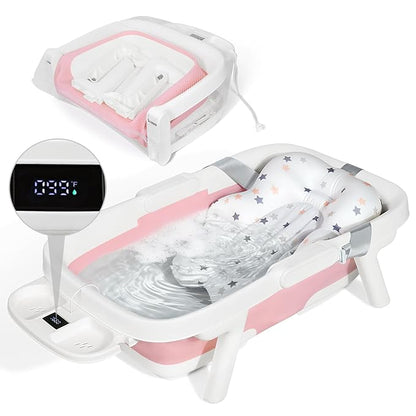 Orzbow Collapsible Baby Bathtub, Large Baby Bath Tub for Newborn with Soft Cushion & Thermometer, Travel Portable Baby Tubs for Infants to Toddler 0-36 Months, Pink