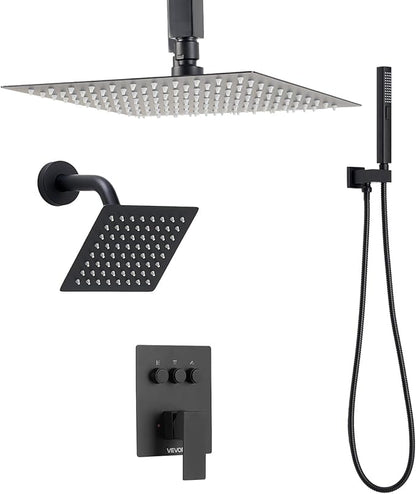 VEVOR Shower Faucet Set, 10 Inch Ceiling Mount Rainfall Shower System with 6 Inch Wall Mount Head and 2 in 1 Handheld Spray, Rotatable 3-Function Dual Rain Head Brass Valve and Trim Kit, Matte Black