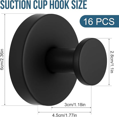 Suction Cup Hook for Shower, 16 Pack Wall Mount Towel Holder, Removable Towel Hook - Stainless Steel No Drill Hook for Bathroom Window Glass Door Wall Home Kitchen Black