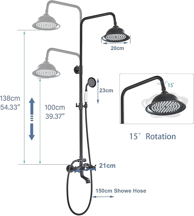 Shower System Matte Black Outdoor Shower Fixtures with 8 Inch Shower Head Handheld Spray and Tub Spout 2 Cross Handles Wall Mounted Shower Faucet Set for Bathroom or Backyard