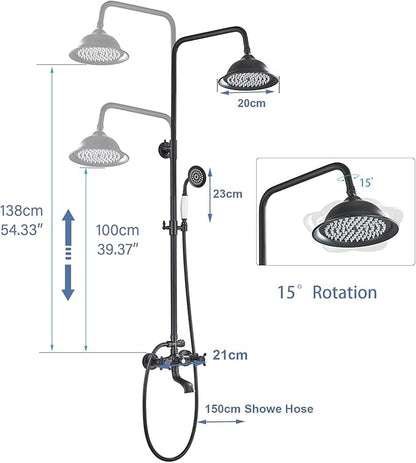 Shower System Matte Black Outdoor Shower Fixtures with 8 Inch Shower Head Handheld Spray and Tub Spout 2 Cross Handles Wall Mounted Shower Faucet Set for Bathroom or Backyard