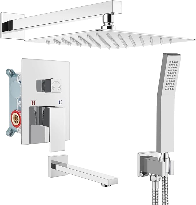 gotonovo Shower System with Tub Spout Wall Mounted Rain Shower Head and Handle Combo Shower Faucet Set with Valve, 10 Inch, Polish Chrome