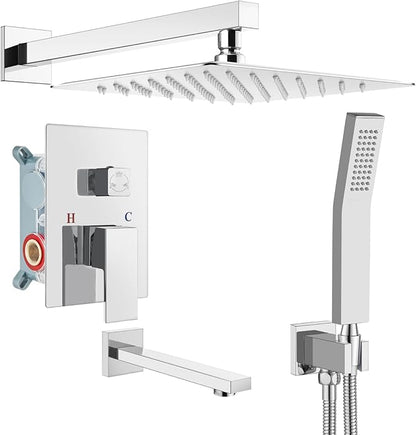 gotonovo Shower System with Tub Spout Wall Mounted Rain Shower Head and Handle Combo Shower Faucet Set with Valve, 10 Inch, Polish Chrome