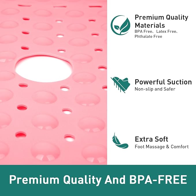 Large Pink Square Shower Mat Non Slip 27 x 27 Inch, Soft Bath Mat Bathtub Mat for Inside Shower Floor, Anti Slip Shower Stall Mats with Big Suction Cups Drain Hole, Easy Washable, BPA-Free