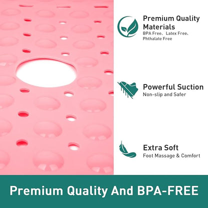 Large Pink Square Shower Mat Non Slip 27 x 27 Inch, Soft Bath Mat Bathtub Mat for Inside Shower Floor, Anti Slip Shower Stall Mats with Big Suction Cups Drain Hole, Easy Washable, BPA-Free