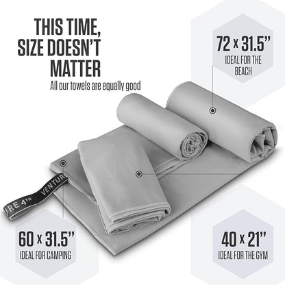 VENTURE 4TH Quick Dry Towel. Microfiber Travel Towel Ideal for Camping, Hiking, Backpacking, Gym. Lightweight & Fast Drying Travel Towels for Body. Compact & Easy to Pack - Light Gray Large