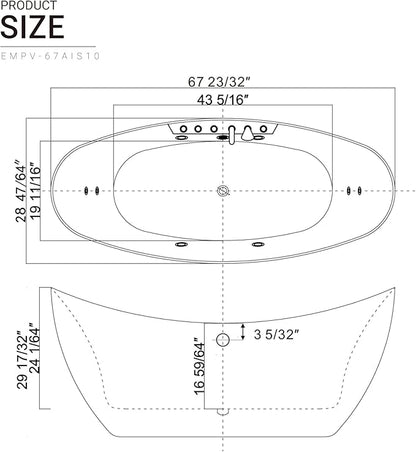Empava 67" Freestanding Whirlpool Bathtub Oval with 8 Hydromassage Adjustable Water Jets Luxury Acrylic Massage SPA Soaking Bath Tub in White Double Ended