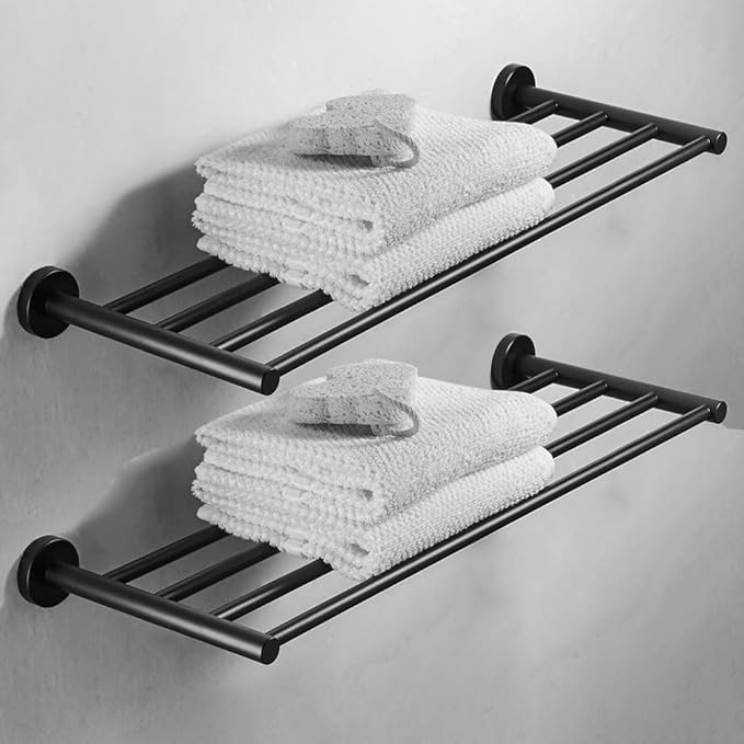 Bathroom Towel Rack, Hotel Style Towel Racks for Bathroom Wall Mounted, Modern Towel Bar Rack 23.6 Inch, 2-Tier Towel Shelves, Black