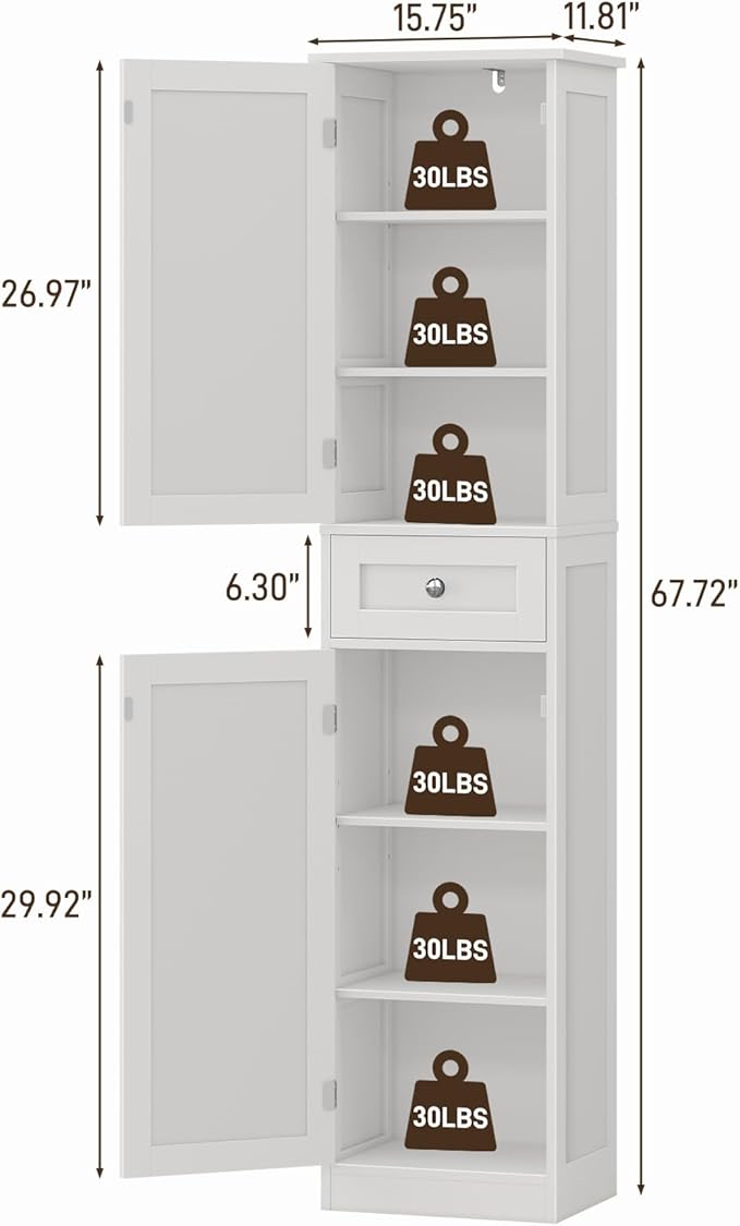67" H Tall Bathroom Cabinet, Narrow Storage Cabinet with 2 Barn Doors and 1 Drawer, Freestanding Floor Cabinets with 6 Shelves for Bathroom, Living Room, Kitchen, White