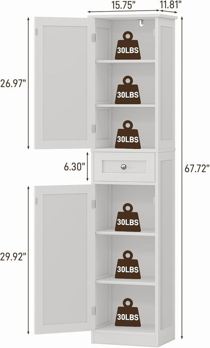 67" H Tall Bathroom Cabinet, Narrow Storage Cabinet with 2 Barn Doors and 1 Drawer, Freestanding Floor Cabinets with 6 Shelves for Bathroom, Living Room, Kitchen, White