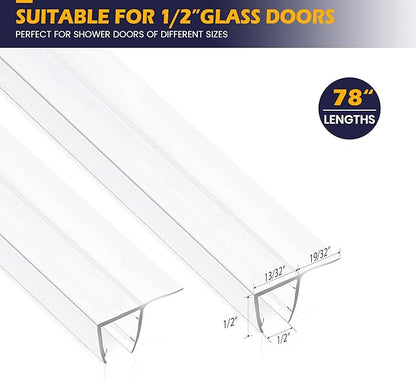 Bathroom Shower Glass Door Side Seal Strip, 2PCS 78 Inch Long Clear PVC Seal Strips for 1/2"(12mm) Thick Framless Glass Door Panel