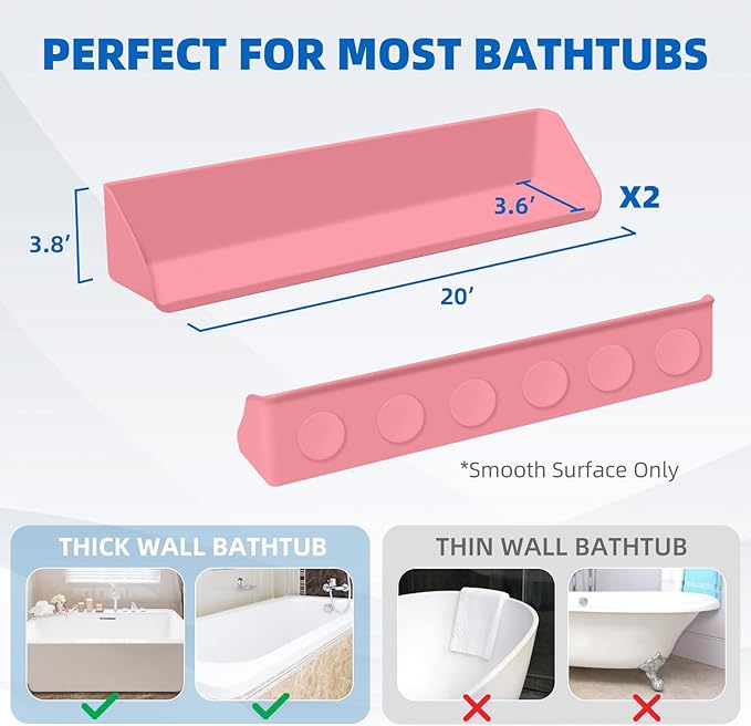 Splash Guard for Bathtub, 3.8" x 3.6" Silicone Bath Tub Splash Guard with 6 Suction Cups, Bathtub SplashGuard Play Shelf Area for Kids with 3°Drainage Slope for Faster Drying - 2 Packs Pink