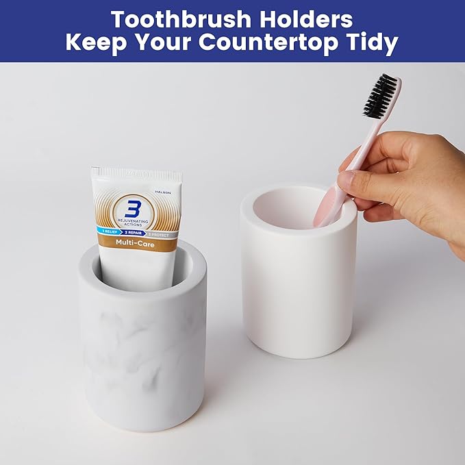 Drying Stone Toothbrush Holder, Diatomite Toothbrush Cup for Bathroom Counter, Quick Drying Electric Toothbrush and Toothpaste Holder Bathroom Organizer, White