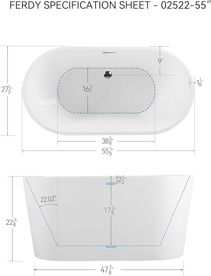 FerdY Shangri-La 55" Acrylic Freestanding Bathtub, Small Classic Oval Shape Acrylic Soaking Bathtub with Brushed Nickel Drain & Minimalist Linear Design Overflow, Modern White, cUPC Certified