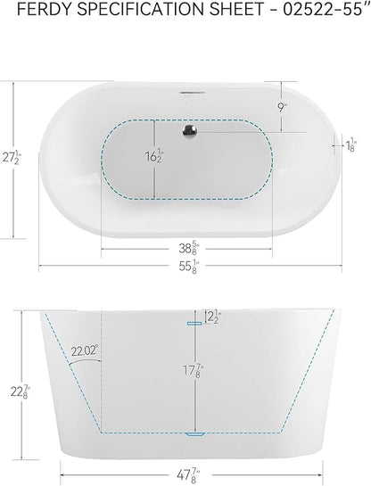 FerdY Shangri-La 55" Acrylic Freestanding Bathtub, Small Classic Oval Shape Acrylic Soaking Bathtub with Brushed Nickel Drain & Minimalist Linear Design Overflow, Modern White, cUPC Certified