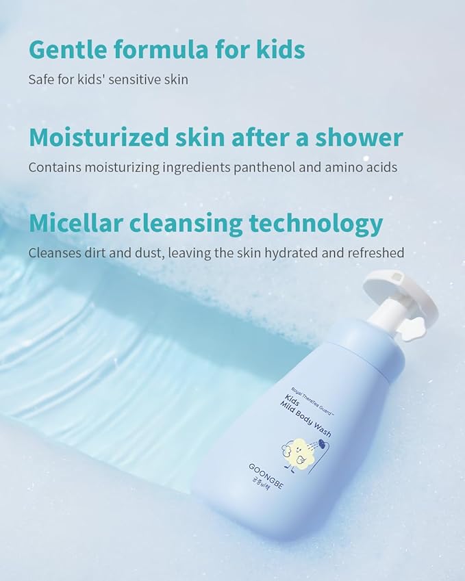 GOONGBE Kids' Mild Body Wash - Korean Kids Body Cleanser - Hydrating & Refreshing Low pH Soft Bubble Foaming with Panthenol and Amino Acids - Allergen Free Scent, 10.1 fl.oz.