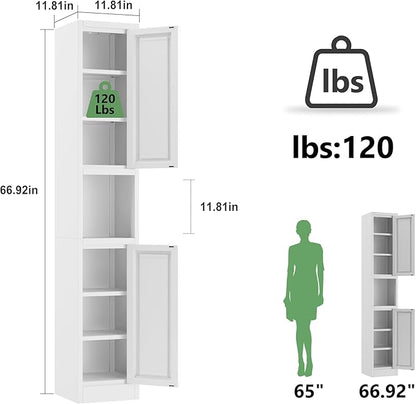 Tall Narrow Storage Cabinet 66.93" H Tall Bathroom Cabinets Metal Pantry Cabinet, 4 Adjustable Shelves for Kitchen, Home Office, Living Room, Dinning Room (11.8 inches Wide White)