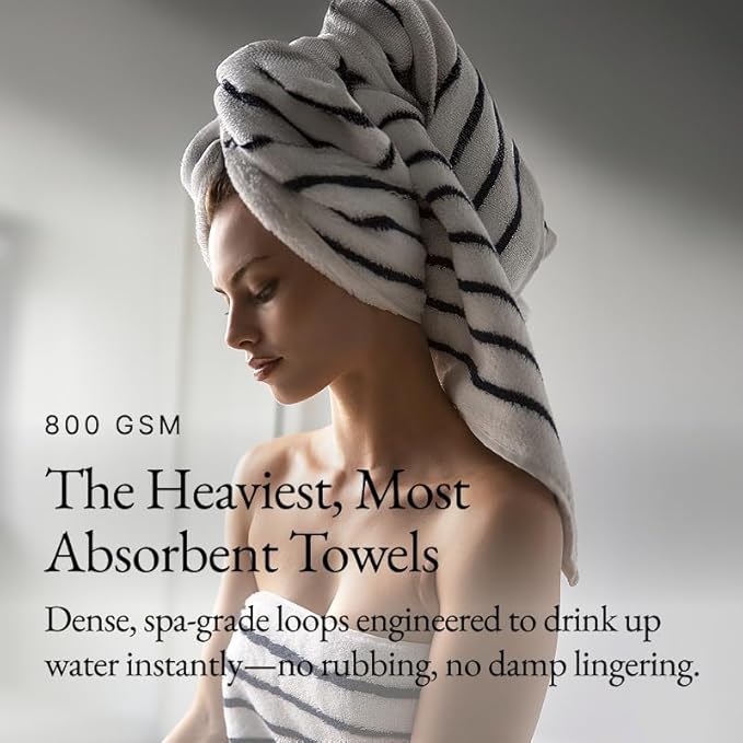 Italic Serene Ultraplush Cotton Towel Set, 4-Piece, 2 Bath Towels + 2 Hand Towels, White & Blue Striped, Large, 800GSM, 100% Cotton, Heavy Duty, Resort Grade Towels (White & Blue Striped)