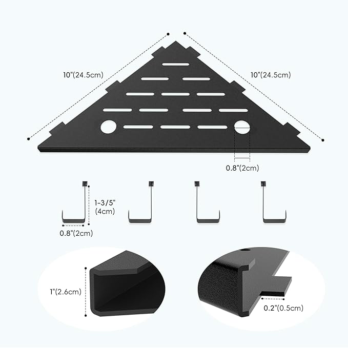 10’’ Shower Corner Shelf, Stainless Steel Shower Shelves with Razor Hole for Bathroom, Grout in Corner Shelf with Hooks for Tiled Wall 2 Pack, Matte Black
