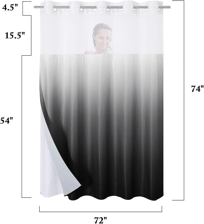 Gibelle No Hook Waffle Weave Shower Curtain with Snap-in Fabric Liner Set for Bathroom, Hotel Style with Mesh Top Window, Waterproof & Washable, Ombre Black, 72x74