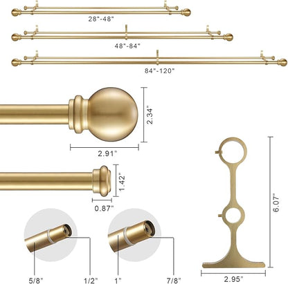 Double Curtain Rod, Adjustable 1 inch Double Drapery Rod Rods for Windows 48 to 84 inch,Ball Round Finials with Brackets Set (48-84",Gold)