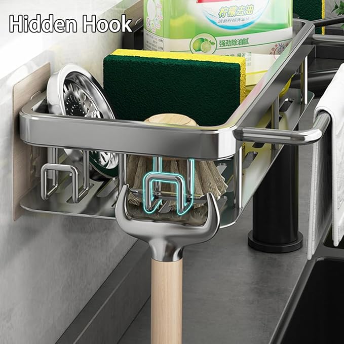 Sponge Holder Kitchen Sink Caddy Organizer Wall Mount Sponge Holder with Drainer Shampoo Soap Storage Shelf Toilet Balcony Bathroom Dishwashers Wire Rags Sponge Sink Drain (Black)