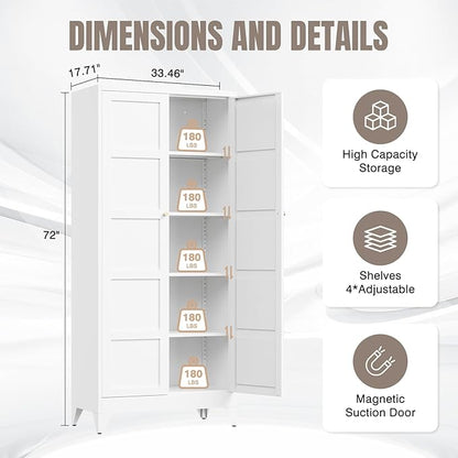 Yizosh Metal Storage Cabinet with 2 Doors and 4 Adjustable Shelves,- 72" White Kitchen Pantry Storage Cabinet for Kitchen,Living Room,Dining Room