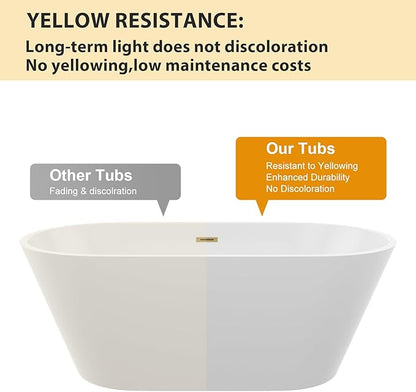 Logmey 59 In White Acrylic Freestanding Bathtub Oval Shape Soaking Tub with Gold Drain & Overflow Assembly for Classic and Modern Bathrooms
