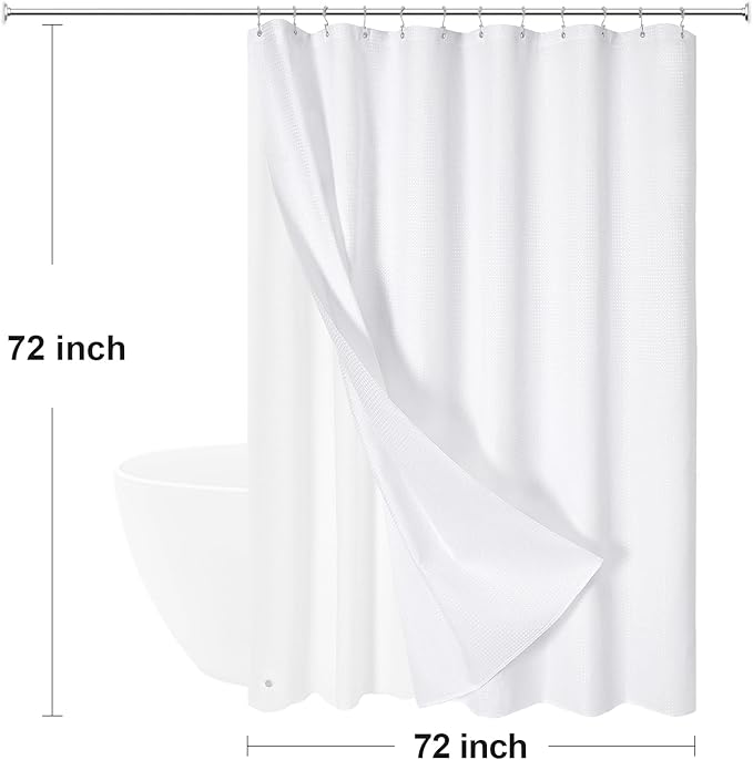 3-in-1 White Waffle Shower Curtain Set, Waterproof Fabric Modern Shower Curtain with PEVA Liner & 12 Stainless Steel Double-Sided Hooks, Hotel Style Bathroom Decor, 72 x 72