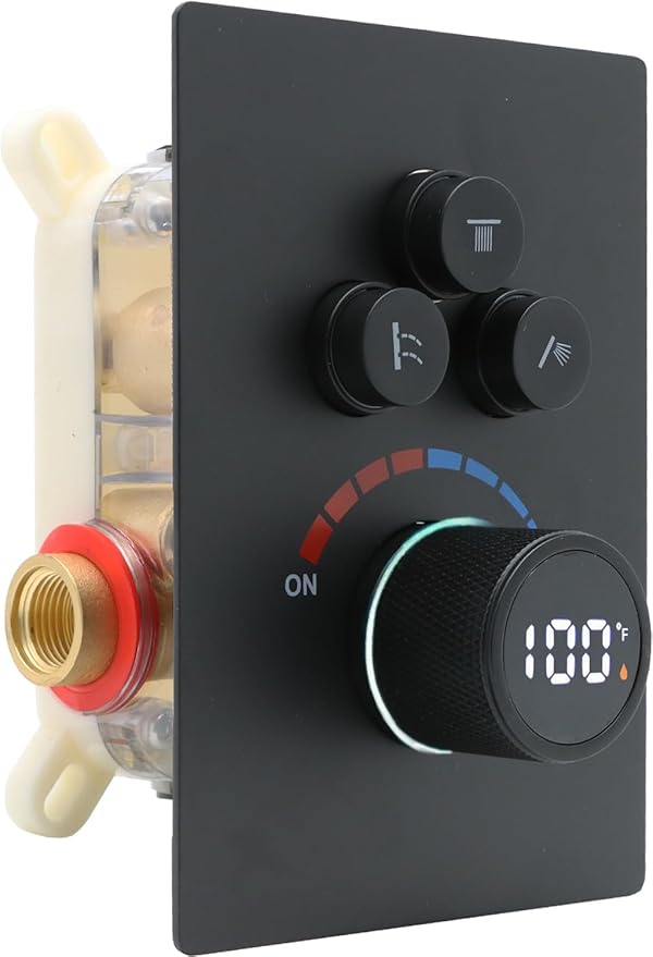 Solid Brass Shower Mixer Valve, Concealed 3 Way Outlet LED Digital Display Diverter Valve, Can Use All Options at A Time Black