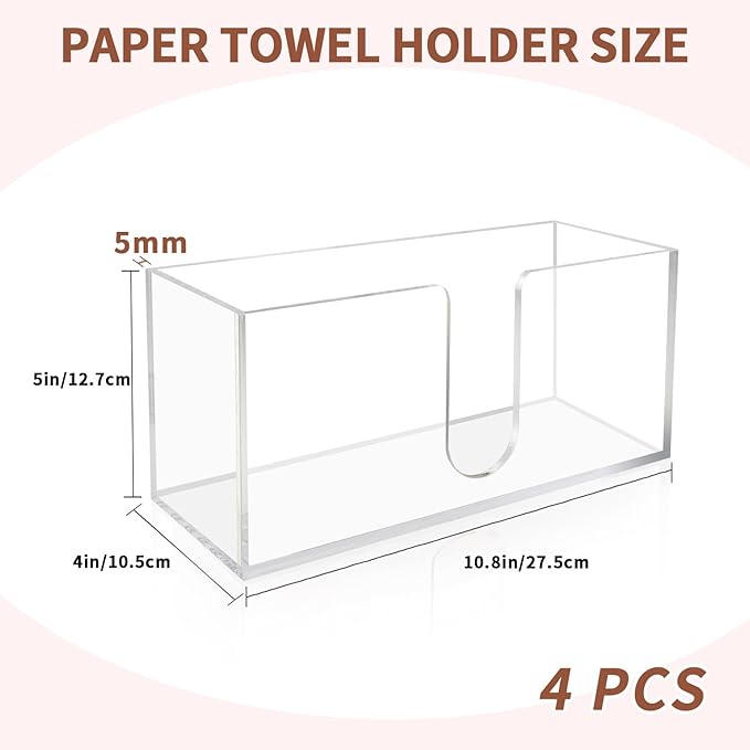 Acrylic Paper Towel Holder Countertop, 5mm Thick Clear C-Fold Z-Fold Trifold Napkin Dispenser, Bathroom & Kitchen Organizer for Multifold Towels (4)