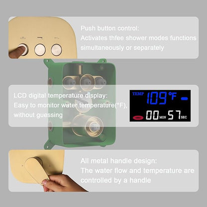 Temperature Display Brushed Gold Shower System Set, Push Button Shower Faucet with 2 Rainfall Shower Head(12+8 inch), with Handheld Shower