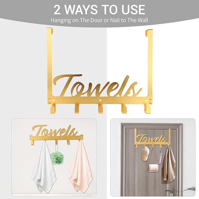 Over The Door Hooks, Towel Rack Towel Hooks for Bathroom, Towel Holder for Hanging Heavy Duty, Door Rack Over Door Hanger with 5 Coat Hooks for Bedroom Bathroom Kitchen（Light Gold）