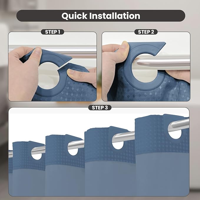 Inhousolu No Hook Shower Curtain with Snap in Fabric Liner Set Waffle Weave 230GSM Weighted Hem, Waterproof & Washable Bathroom Curtain Spa Luxury with Mesh Top Window 72" W x 72" L Moonlight Blue