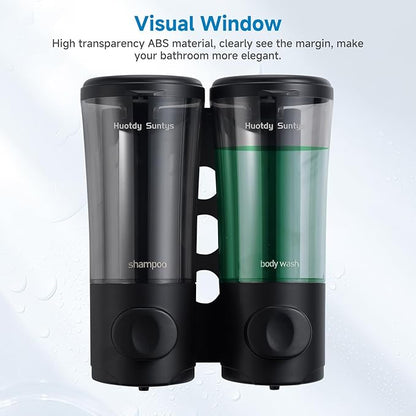 Shampoo and Conditioner Dispenser No Drill Shower Soap Dispenser Wall Mounted Shower Dispenser 2 Chamber with Upgrade Smooth Pump Head Bathroom Body Wash Soap Dispenser Set 450ml*2 Black