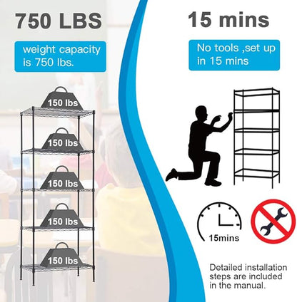 BestOffice | 5-Tier Wire Storage Shelves | 14x24x60 | Black | with Adjustable Racks | Heavy-Duty Metal Shelf, Holds Upto 750 lbs | No-Tool Assembly | Ideal for Home & Garage Shelving
