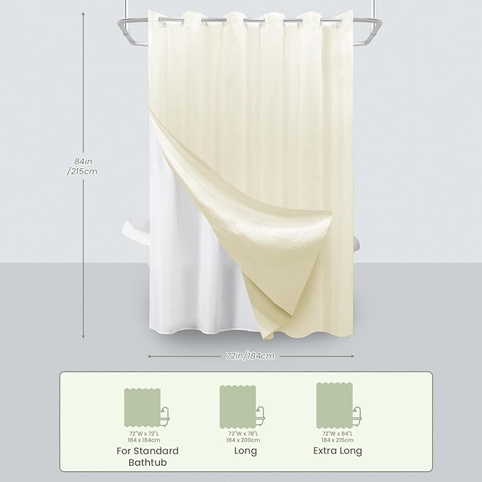Inhousolu No Hook Waffle Weave Shower Curtain with Removable Snap in Fabric Liner Set for Bathroom, 230 GSM Heavy Duty Weighted Hem, Water Repellent Washable Bath Curtains, 72 x 84 Inch, Ivory