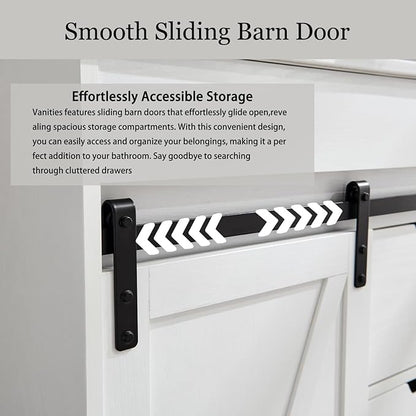 30" Farmhouse Bathroom Vanity with Sink, Freestanding Bathroom Storage Vanity Cabinet w/Sliding Barn Door, 3 Drawers & Adjustable Shelves, Metal Handle, White