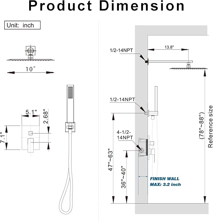Black Shower System, Shower Faucet Set with 10-Inch Rain Showerhead and Handheld Spray, Wall Mounted High-Pressure Showerhead Combo Set Included Valve and Trim, Matte Black
