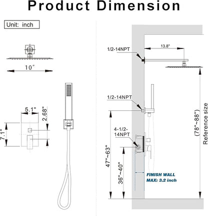 Brushed Nickel Shower System, Shower Faucet Set with 10-Inch Rain Showerhead and Handheld Spray, Wall Mounted High-Pressure Showerhead Combo Set Included Valve and Trim, Brushed Nickel