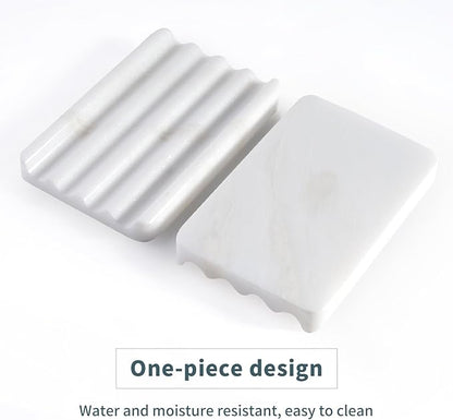 2PCS Koville African Natural Marble Soap Dish for Shower, Stone Soap Tray for Bathroom, Bar Soap Holder for Sink, Stripe Grooves Saver Keep Bars Dry Easy Clean (Namib Bianco)