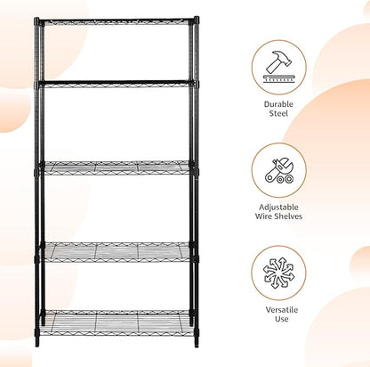 Amazon Basics 5-Shelf Adjustable Heavy Duty Steel Wire Rack Storage Shelving Organizer for Kitchen, Garage, 36" L x 14" W x 72" H, Black