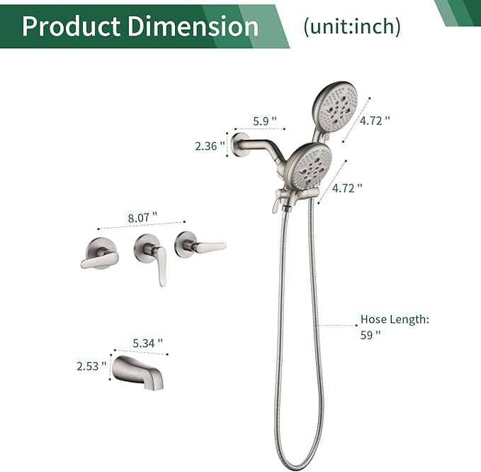 3 Handle Shower Faucet Set Shower System with Tub Spout Bathtub Faucet Set Shower Head Combo Set Complete Tub and Shower Faucet Combo Shower Fixtures Trim Kit Brushed Nickel