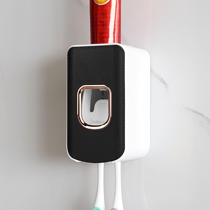 2 Slot Plastic Toothbrush Holder and Toothpaste Dispenser Wall Mounted, Automatic Toothpaste Squeezer, 2 in 1 Tooth Brush Toothpaste Organizer for Shower (Black)