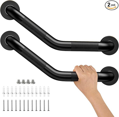16 Inch Angled Shower Grab Bar Black, Munzong 2 Pack Anti Slip Bathroom Grab Bar, Knurled Bathroom Balance Bar,Safety Hand Rail Support Handicap Elderly Injury Senior Assist Bath Handle-1.25” Tube